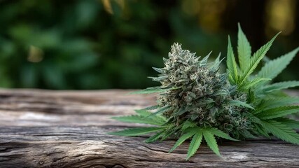 5Cannabis buds and leaves arranged on natural wood, macro-style detail showing trichomes and plant texture, warm organic lighting, concept of natural remedies and Cannabis Awareness