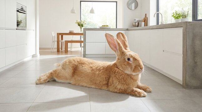 Enormous Flemish Giant Rabbit Resting Comfortably on a Modern Kitchen Floor, Bathed in Natural Light