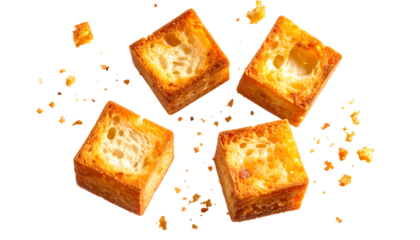 Four golden, toasted crouton squares and crumbs against a black backdrop, close-up