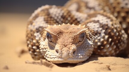 Obraz premium Close-Up Portrait of a Desert-Dwelling Venomous Snake Coiled on Sandy Terrain in Sunlight