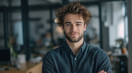 Obraz premium A young man with curly hair exudes confidence while standing in a modern office environment. The blurred background suggests a professional and dynamic workspace, highlighting his relaxed yet assured 