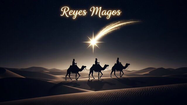 Three kings journey under starlit night