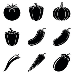 Black vegetable silhouette icons collection, organic garden produce shapes, variety of fresh food ingredient symbols