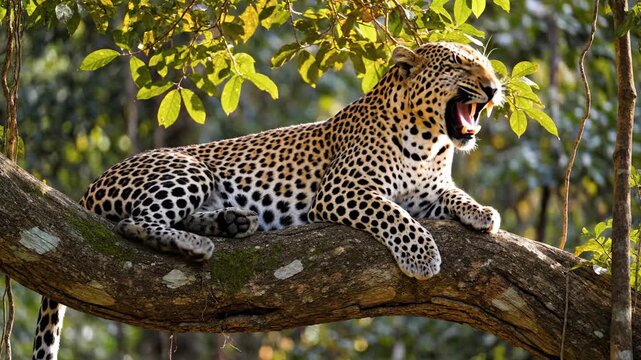 A majestic leopard with distinctive spotted coat stretches languidly on a sturdy tree branch amidst lush green foliage.