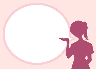 案内をするポニーテールの女性　吹き出し　シルエット