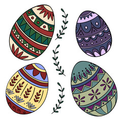 Hand-drawn Easter illustration featuring a decorative set of traditional painted eggs 