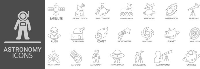 Astronomy icon set. Containing satellite, comet, black hole, rocket, satellite, astronomy, telescope, planet, alien, asteroid, telescope and planet icons. Solid vector icon collection.