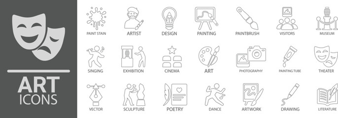 Art line art icon set. Containing line art artwork, sculpture, literature, artist, drawing, painting, theater, paint stain, poetry, exhibition design and museum icons. vector icon collection.