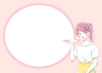 案内をするポニーテールの女性　笑顔　吹き出し