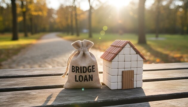 A small house model and a money bag labeled BRIDGE LOAN sit on a wooden table in a park symbolizing real estate financing and investment