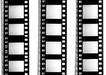 Three strips of film with clear frames, black borders, and sprocket holes