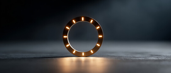 A ring of lights is lit up on a dark surface with smoke in the background