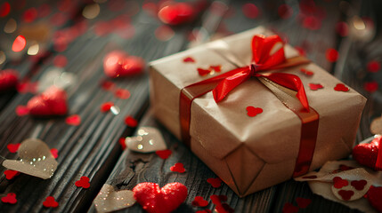 Beautifully wrapped gift box with red ribbon and heart decorations on wooden table