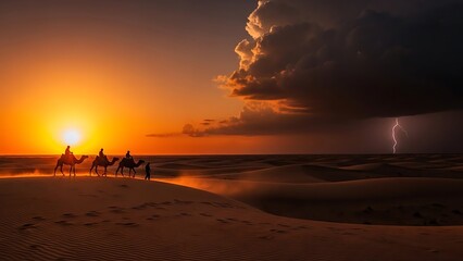 Camel riders at sunset with storm clouds