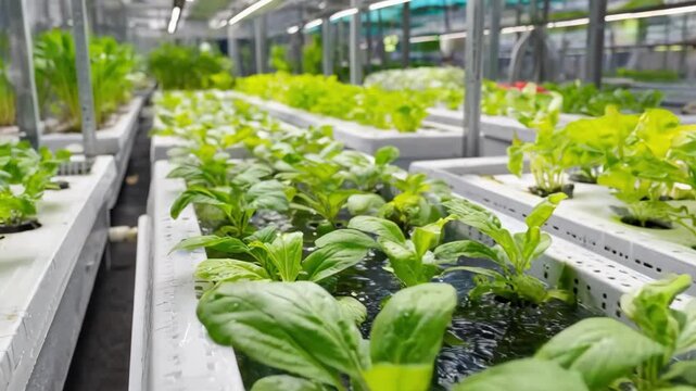 Medium shot of a smallscale aquaponics system showing the integration of fish tanks and leafy green plants for sustainable waste recycling.