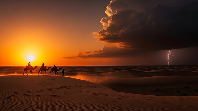 Camel riders at sunset with storm clouds - Powered by Adobe