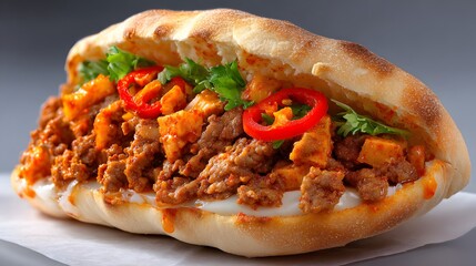 A delicious Italian-style sandwich filled with meat and vegetables on a toasted bun