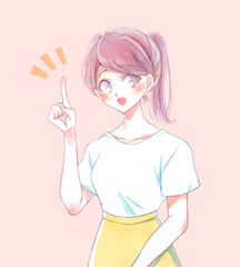 人差し指をさすポニーテールの女性　笑顔