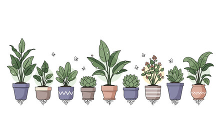 Fototapeta premium Various types of green indoor potted plants with visible root systems arranged in a row on a white background scene.