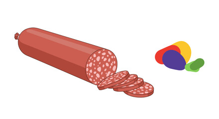 Long stick of salami sausage with several slices cut off and colorful abstract kidney shapes on the side on white.