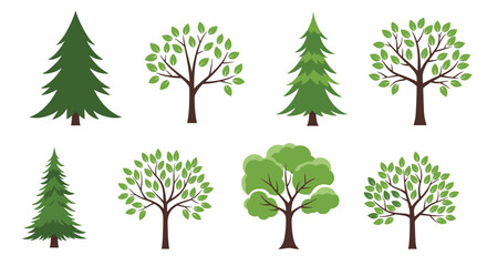 Collection of eight different green tree icons including deciduous and evergreen varieties with brown trunks on white.