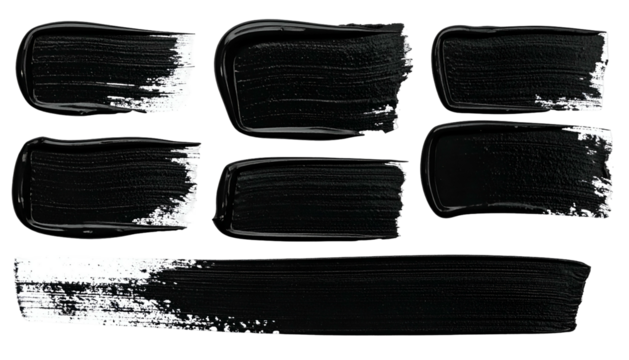 Seven black paint brushstrokes on a transparent background, varying shapes & sizes - Powered by Adobe
