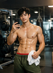 Muscular man taking selfie in gym