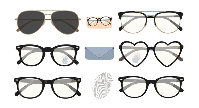 Diverse collection of eyewear including classic sunglasses heart shaped glasses optical frames case and fingerprints.