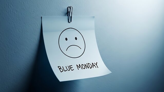 Sad face on note with Blue Monday text on wall