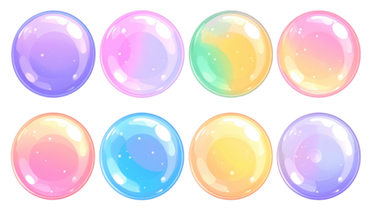 Eight colorful, translucent orbs, ranging in hues and gradients, on a stark black background