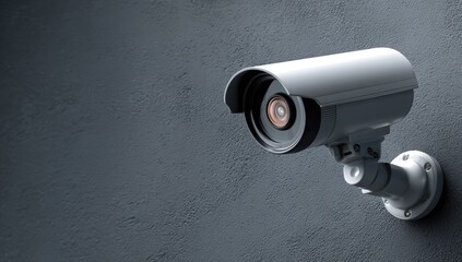 Security camera mounted on a textured gray wall, angled towards the viewer