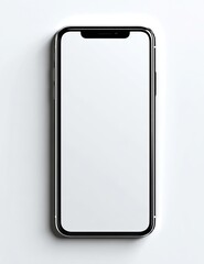 Smartphone with blank screen on white background, top-down view