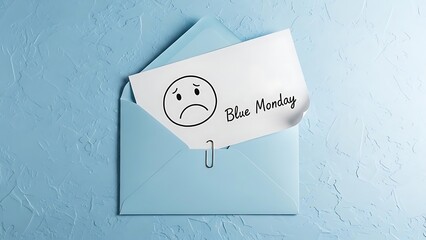 Blue Monday concept with sad face on paper in envelope