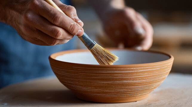 Close-up of artisan hand applying glaze with brush on ceramic bowl in pottery workshop - Powered by Adobe