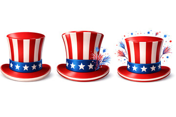 Collection of patriotic top hats with american flag stars and stripes design for holiday celebration isolated on white background