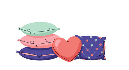 Stack of colorful soft cushions and a heart shaped pillow arranged neatly against a clean white background for interior.