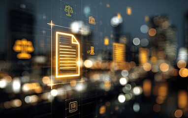 Hologram document over city lights, law symbols on grid overlay