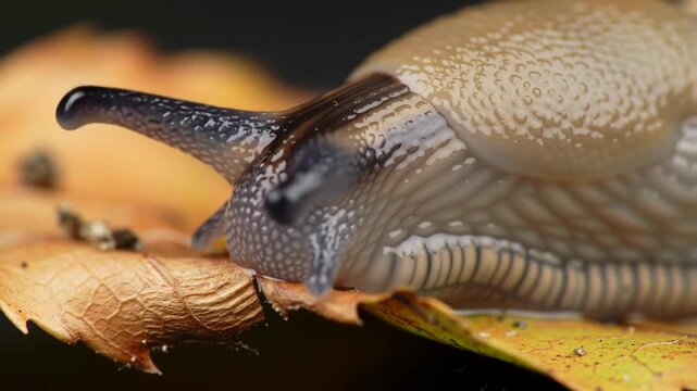 Close-up slug crawling on leaf, exploring. Dark background, nature, wildlife photography, macro shot, used for articles