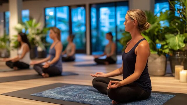 36Women practicing group meditation on neatly arranged yoga mats inside a minimalist, airy wellness studio, soft textures and muted tones reinforcing calm, focus, and serenity
