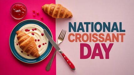 National Croissant Day Food Photography with Fresh Croissants Cream and Red Berries