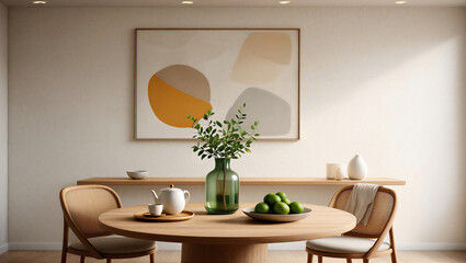 Modern dining room with round wooden table and abstract art on wall