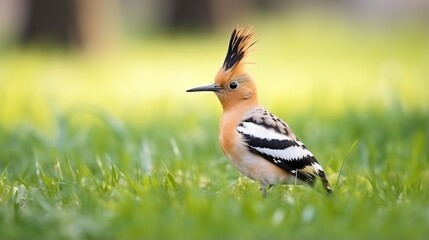 Crested Hoopoe Stands Gracefully in a Vibrant Green Field Under Bright Daylight