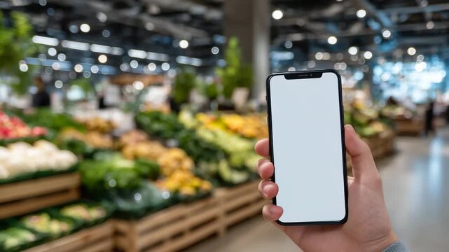 38Close-up of hand gripping smartphone with blank screen, supermarket aisles behind filled with fruits, vegetables, and packaged goods, soft depth-of-field effect
