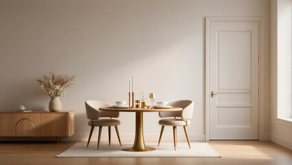 Modern dining room with table and chairs in minimalist interior design