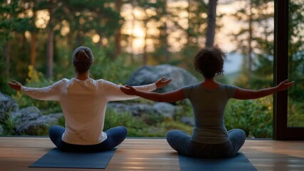 39Women meditating together on yoga mats in a bright studio with floor-to-ceiling windows overlooking nature, peaceful ambient light fostering emotional balance and mental clarity