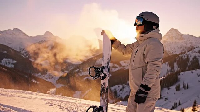 A championship winter athlete stands backlit on a snowy slope, ready for the sports tournament.
