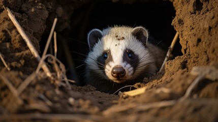 Curious Badger Peeks Out From Its Burrow Amid Earthy Shrouded Entrance