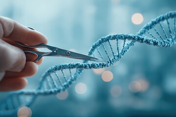 Scissors cutting a DNA strand against blurred bokeh