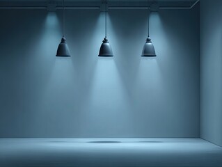 Three pendant lamps illuminate an empty blue room with beams
