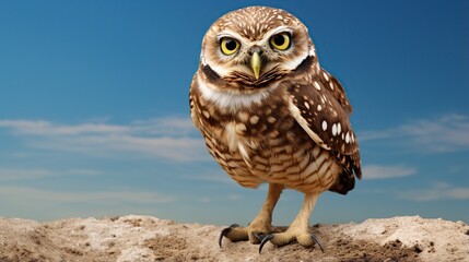 Curious Burrowing Owl Stands Tall on Sandy Ground Under a Clear Blue Sky